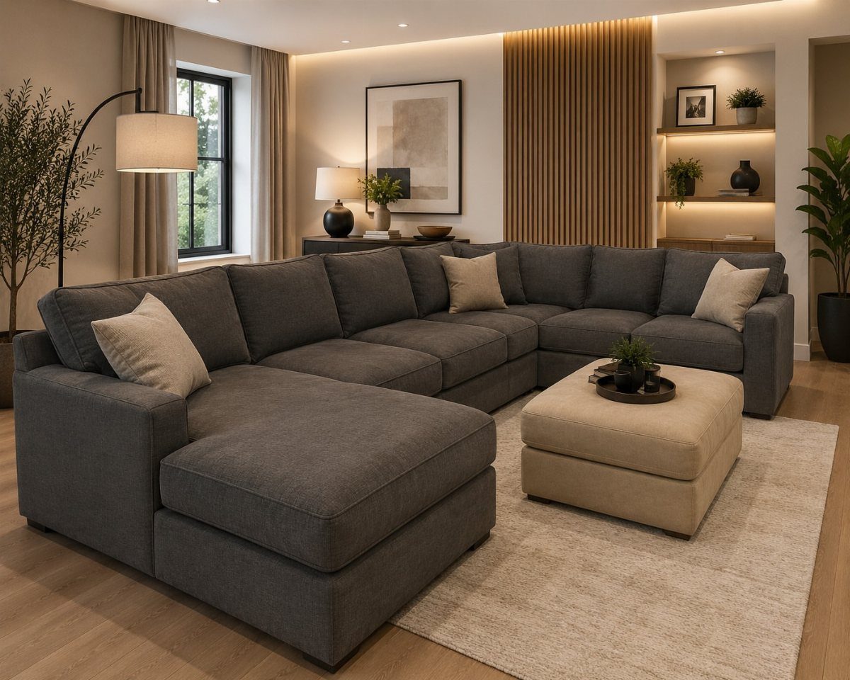 Charcoal grey sectional sofa with beige pillows and a matching beige ottoman on a rug.