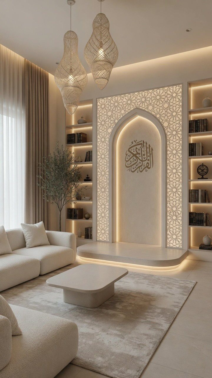 Modern beige living room with a white sofa and geometric patterned wall art.