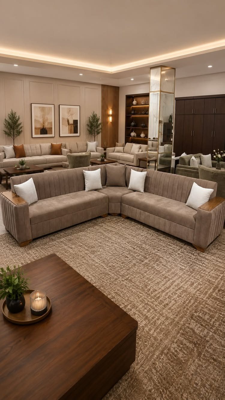 Grey sectional sofa and brown coffee table in a beige and grey living room