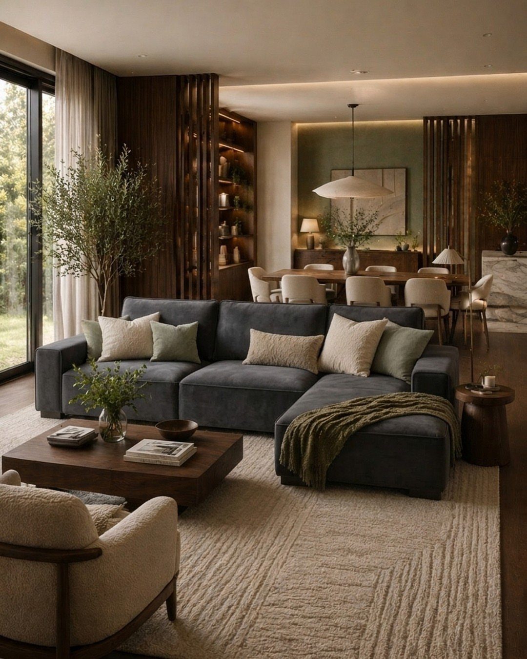 Charcoal grey sectional sofa with beige accent chairs and pillows in a modern living room.