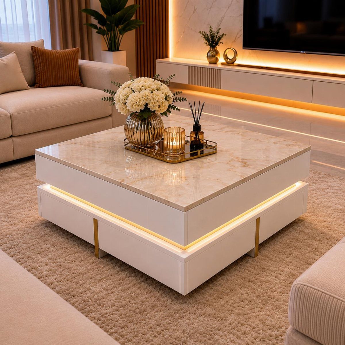 Square white marble coffee table with gold legs and under-glow lighting in living room.