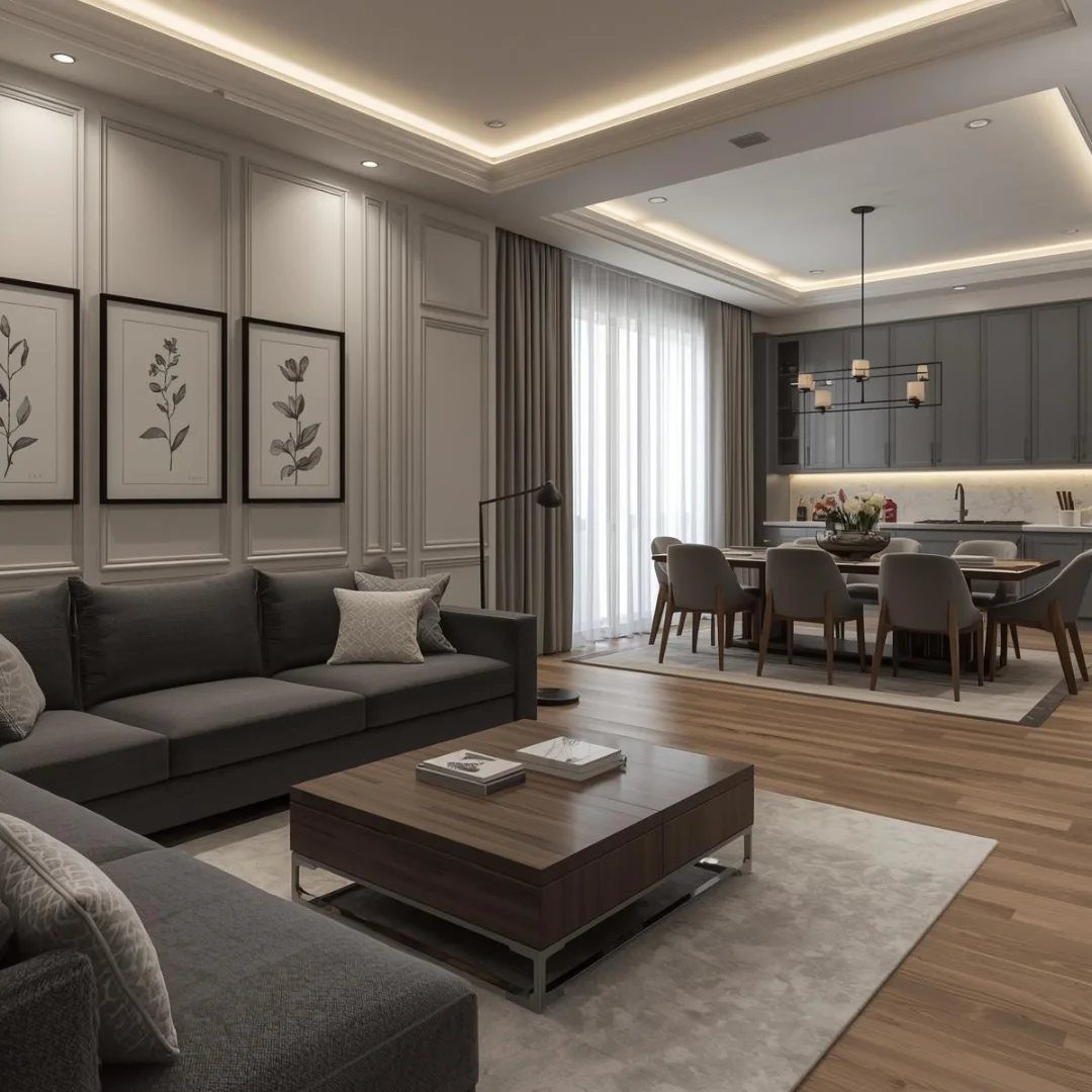 Dark grey sectional sofa and wood coffee table in a beige and grey room.