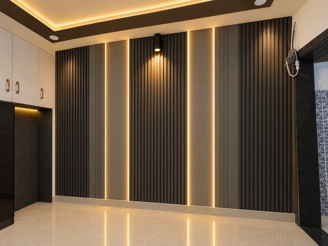 Black slatted accent wall with warm vertical LED lighting in a modern room