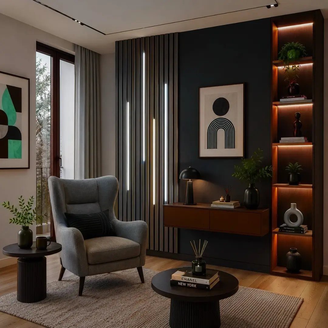 Modern living room with a black accent wall, grey armchair, and illuminated shelving.