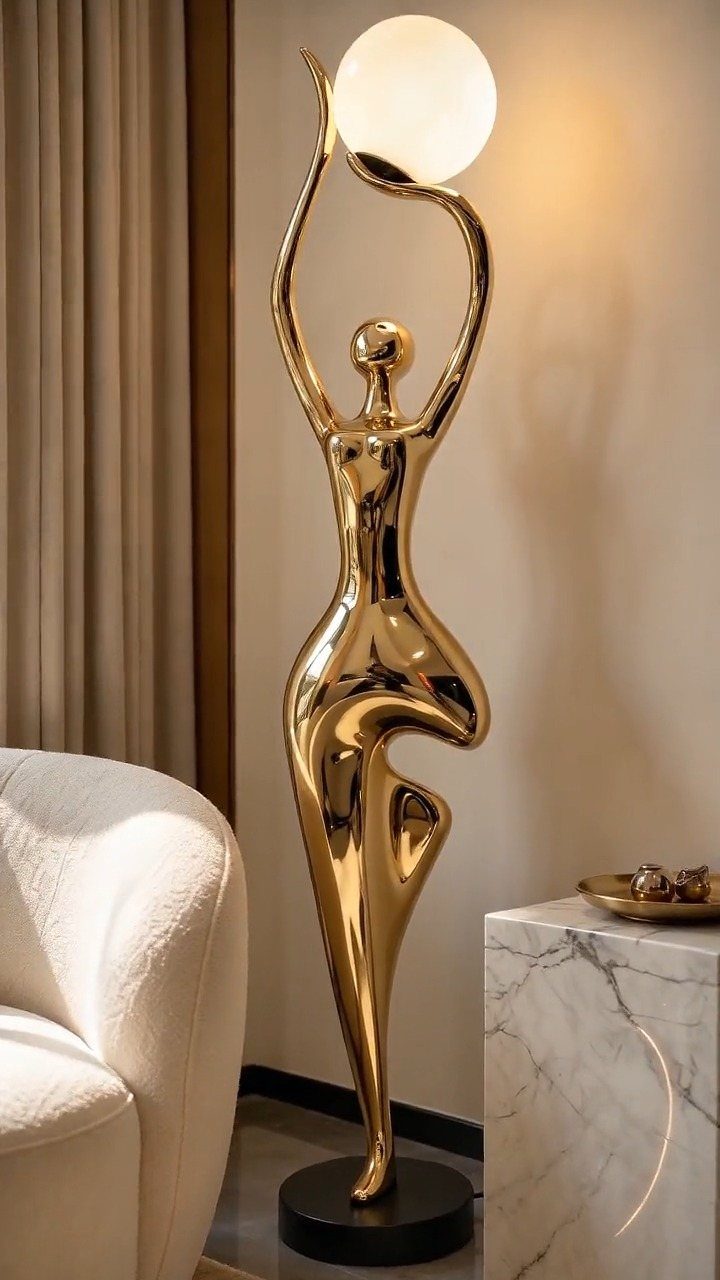 17 Black and Gold Living Room Ideas for Luxe Style 9 Gold female figure sculpture holding a glowing white orb lamp in a living room