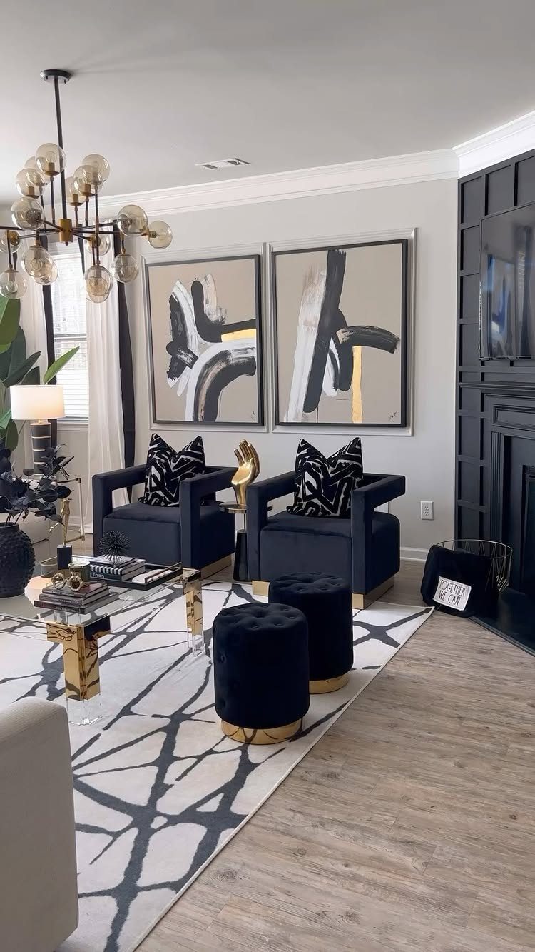 17 Black and Gold Living Room Ideas for Luxe Style 15 Modern living room with black velvet furniture, gold accents, and abstract wall art.