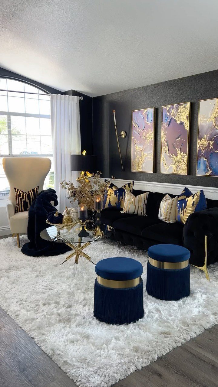 17 Black and Gold Living Room Ideas for Luxe Style 7 Black velvet sofa in a living room with gold accents and white shag rug