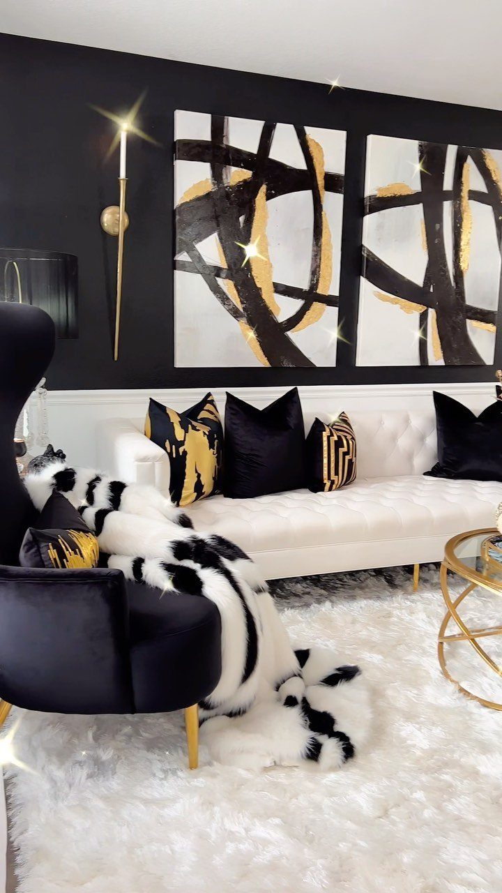 17 Black and Gold Living Room Ideas for Luxe Style 8 Modern living room with black walls, white sofa, and gold metallic accents.