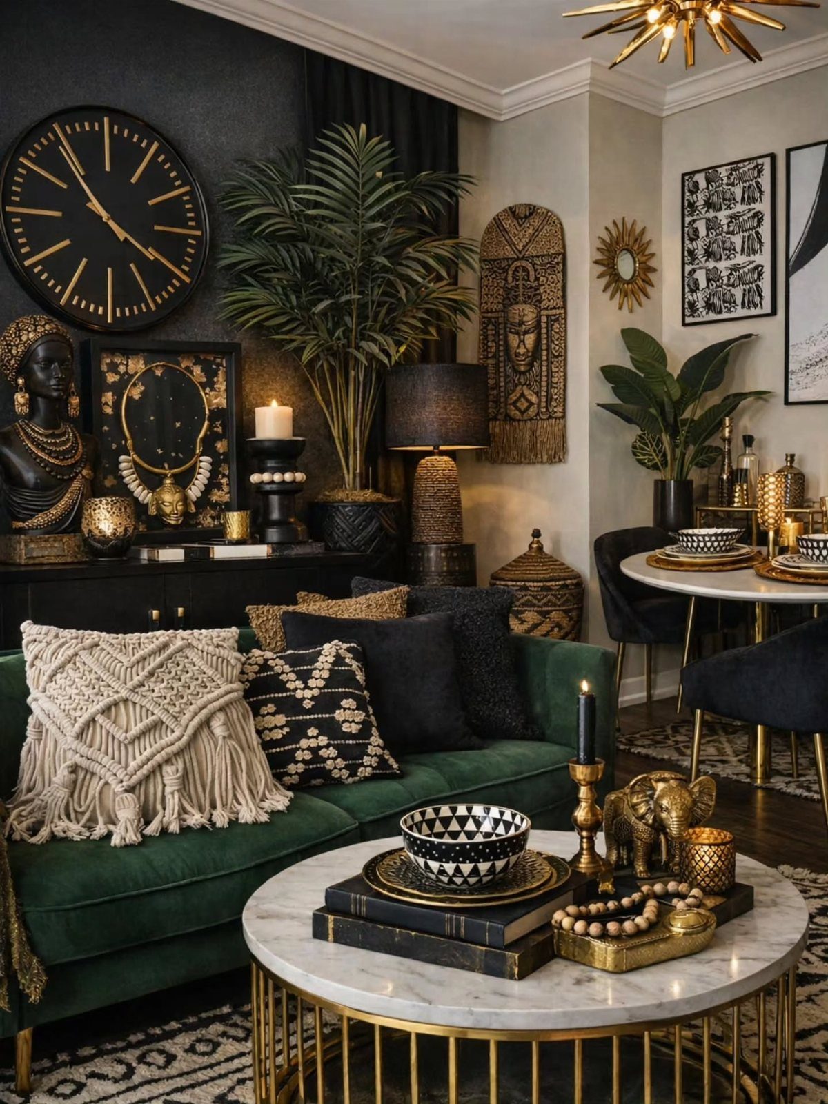 17 Black and Gold Living Room Ideas for Luxe Style 17 Luxurious living room with green velvet sofa, black walls, and gold decorative accents.