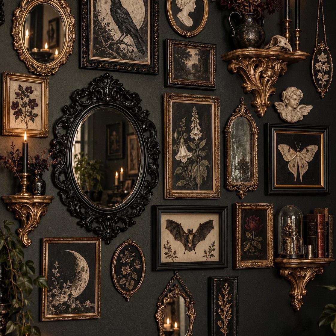 17 Black and Gold Living Room Ideas for Luxe Style 1 Gallery wall with ornate gold and black frames on a dark charcoal wall.
