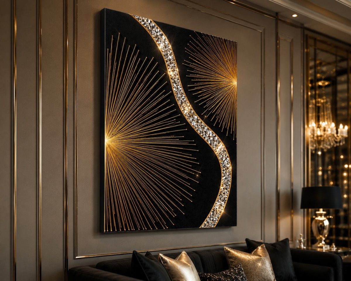 17 Black and Gold Living Room Ideas for Luxe Style 4 Abstract black and gold painting hanging above a black sofa in a luxury room.