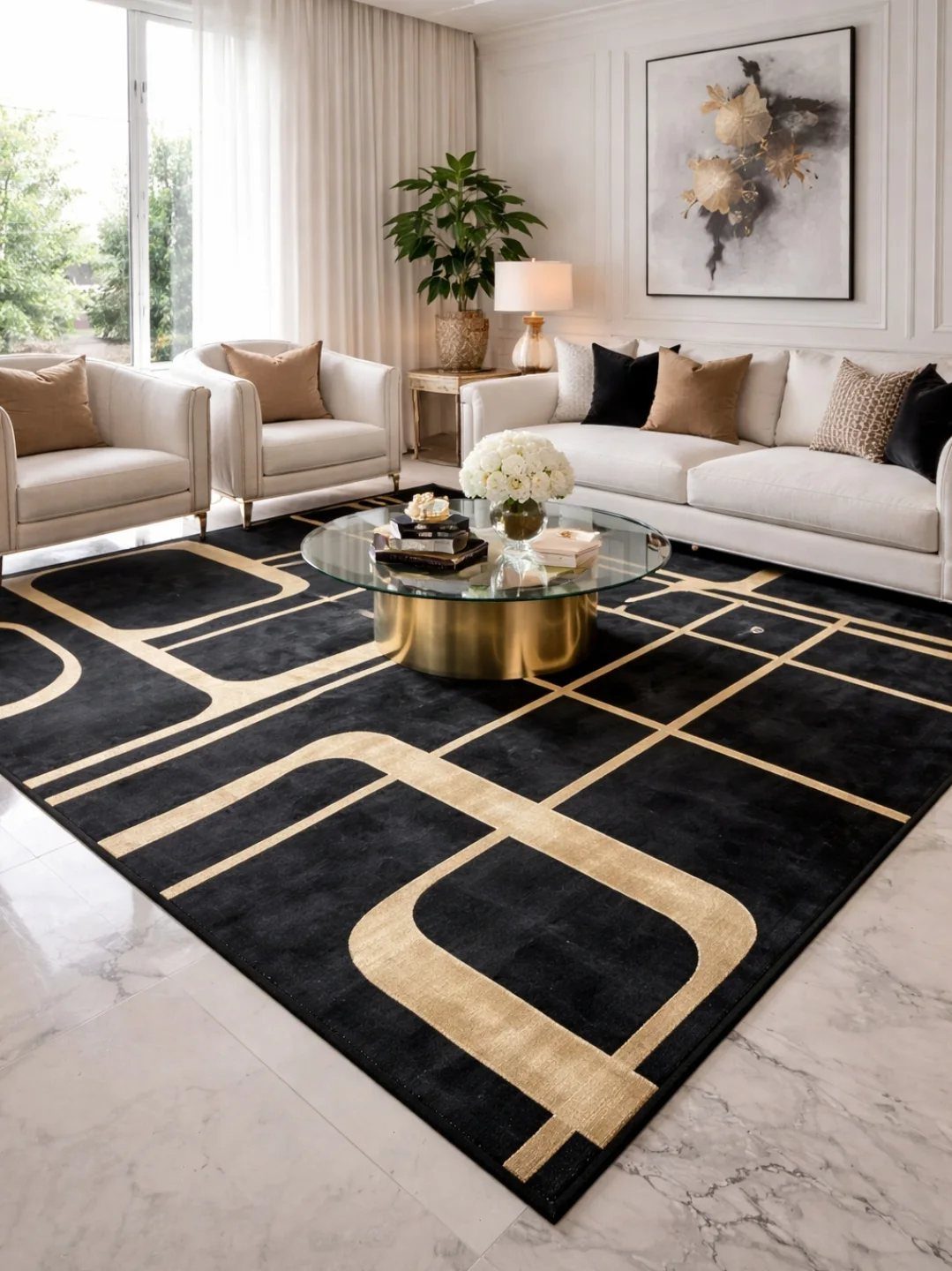 17 Black and Gold Living Room Ideas for Luxe Style 3 Black area rug with gold geometric patterns in a modern white living room.