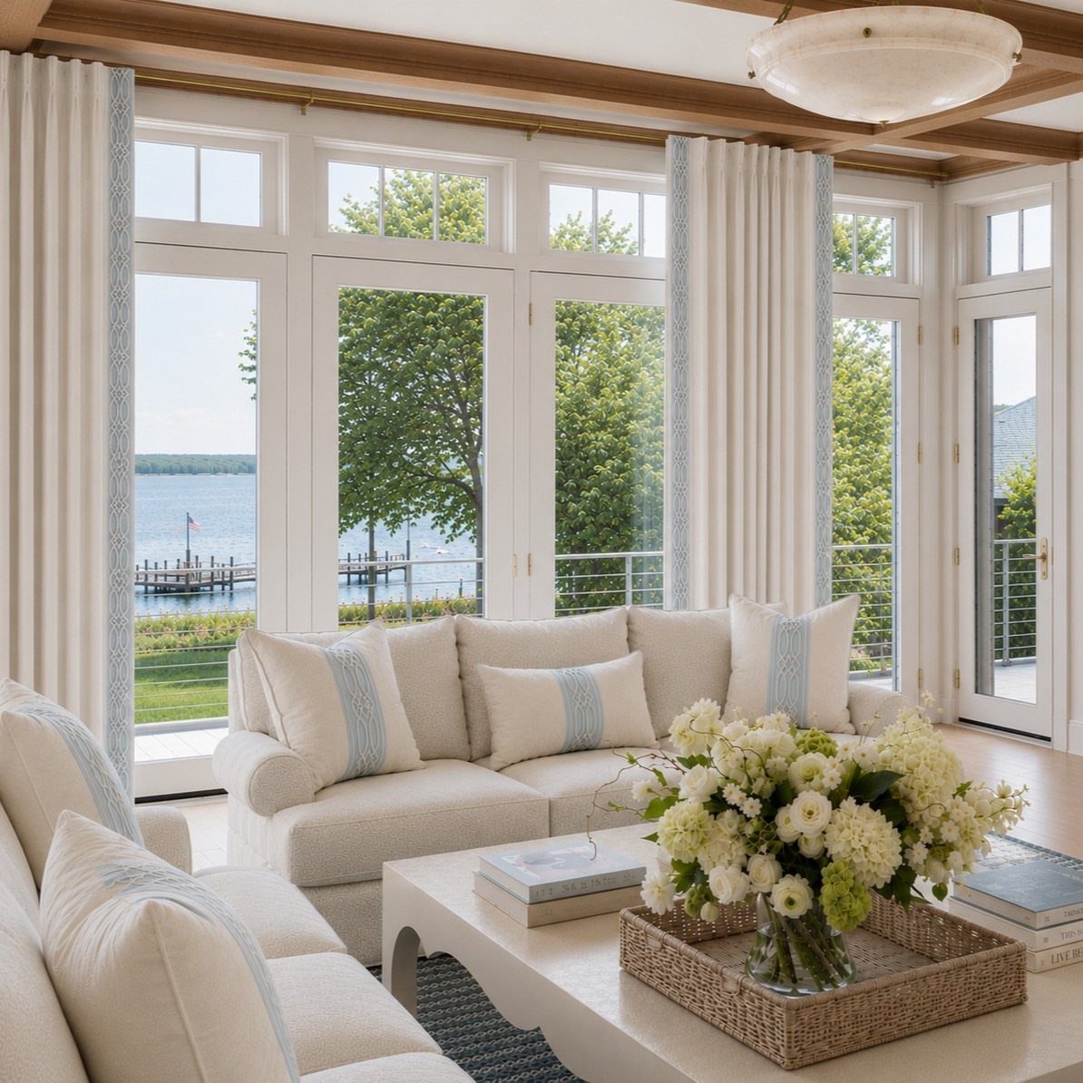 White living room with blue patterned curtains and white sofas overlooking a lake.