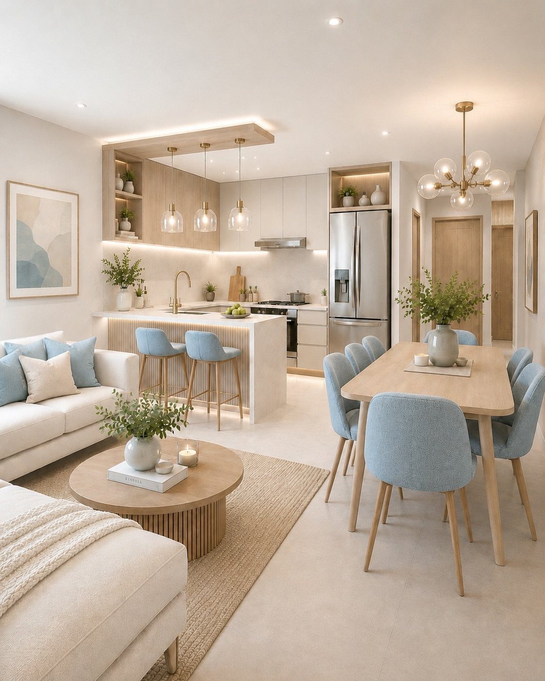 Modern open living room with blue chairs, white sofas, and light wood furniture.