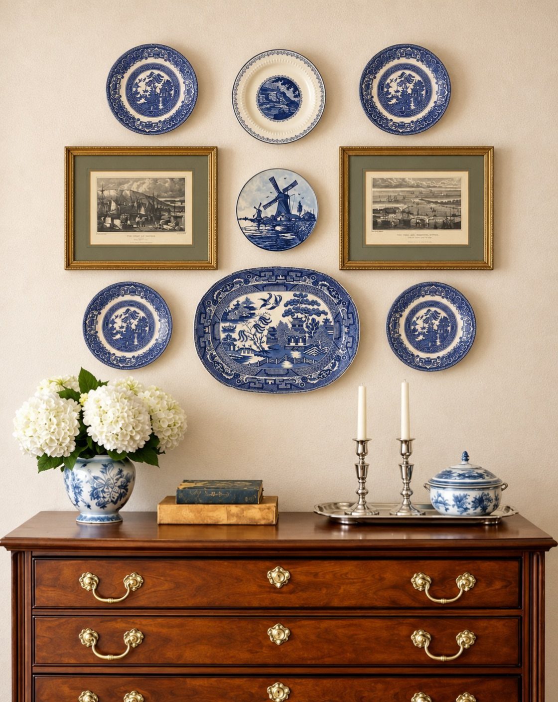 Blue and white porcelain plates and framed art arranged on a beige wall.