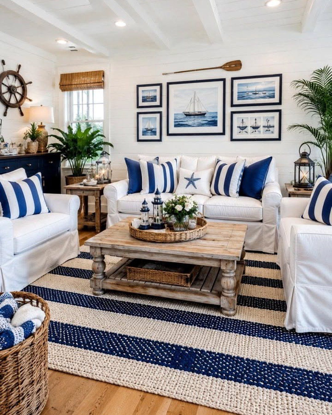 Blue and white striped rug and pillows in a nautical themed white living room.