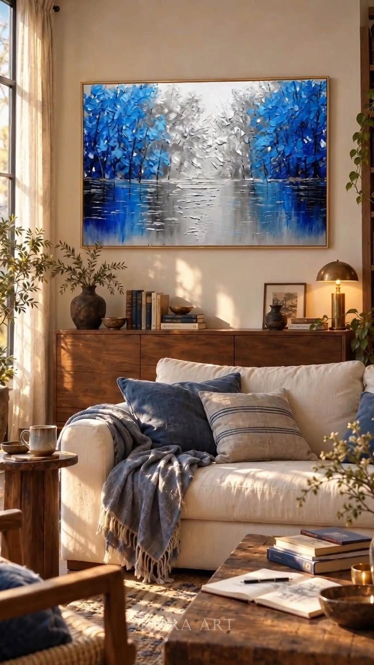 Large blue and white landscape painting hanging above a white sofa in a living room.