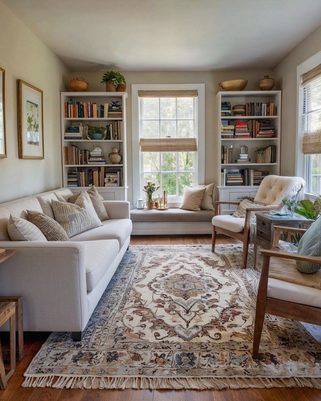 Living room with white built-in bookshelves and comfortable wooden armchairs on a patterned rug.