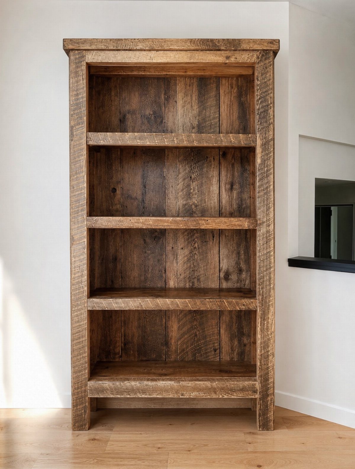 Rustic reclaimed wood bookshelf standing against a white wall on wooden flooring.