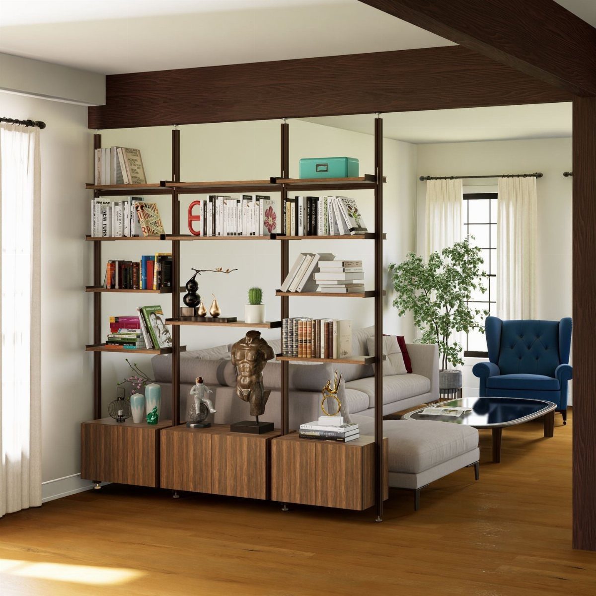 Open wooden bookshelf acting as a room divider in a modern living room.