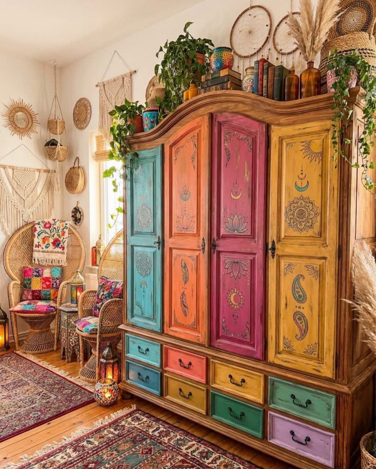 Colorful bohemian room with a multi-colored armoire, patterned rugs, and wicker chairs.