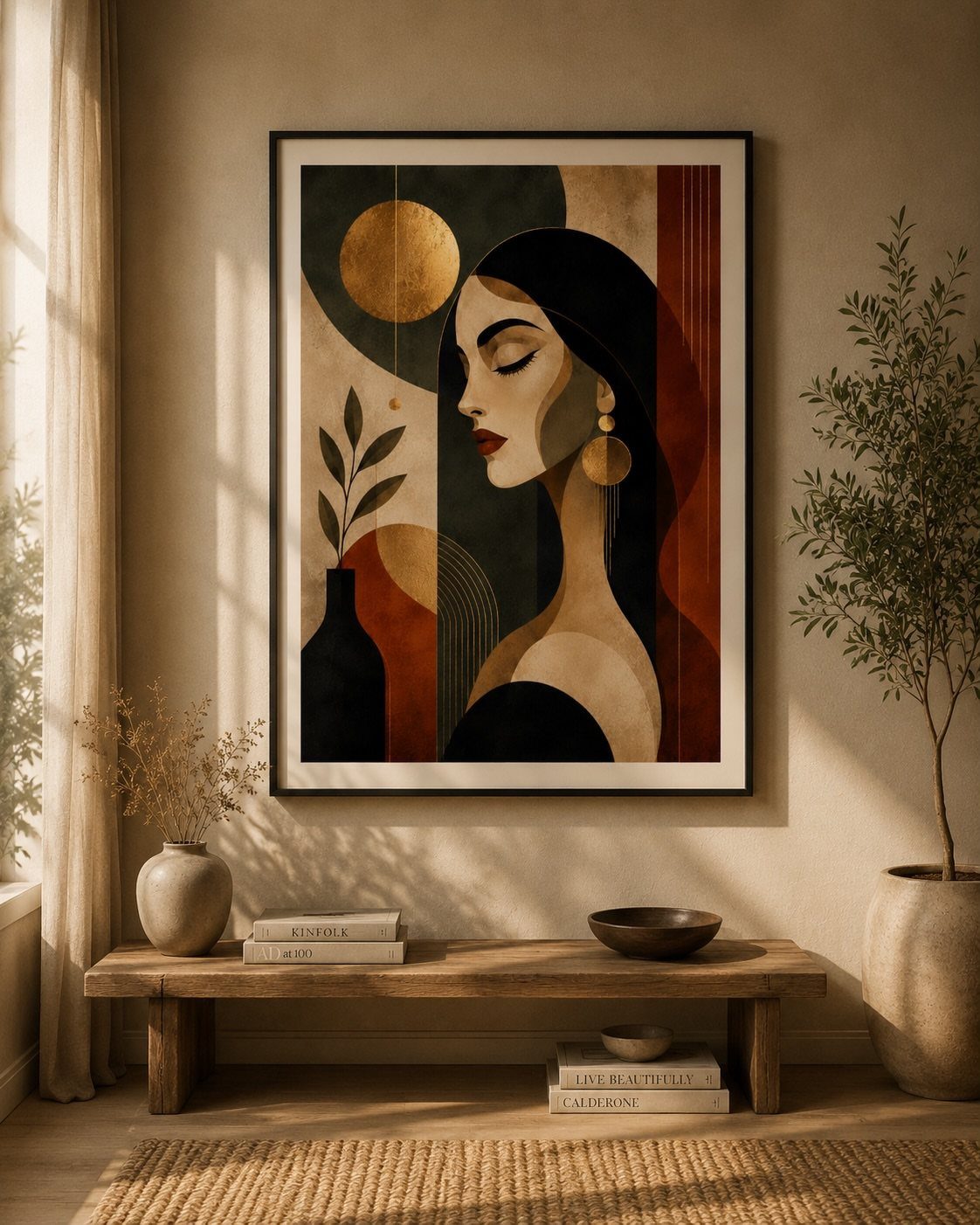 Contemporary earth tone artwork of a woman hanging above a rustic wooden bench.