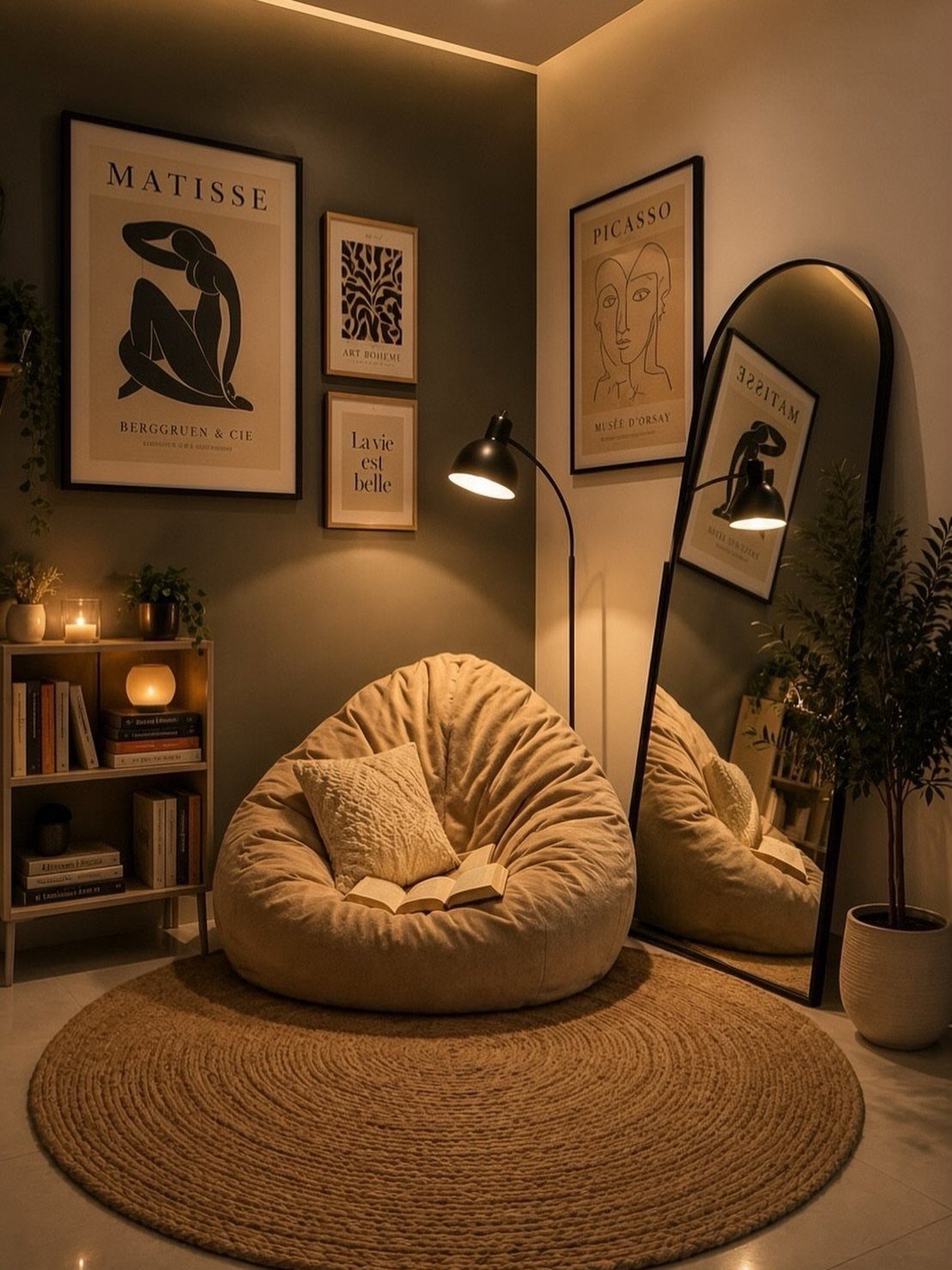 Beige bean bag chair and jute rug in a cozy reading nook corner.