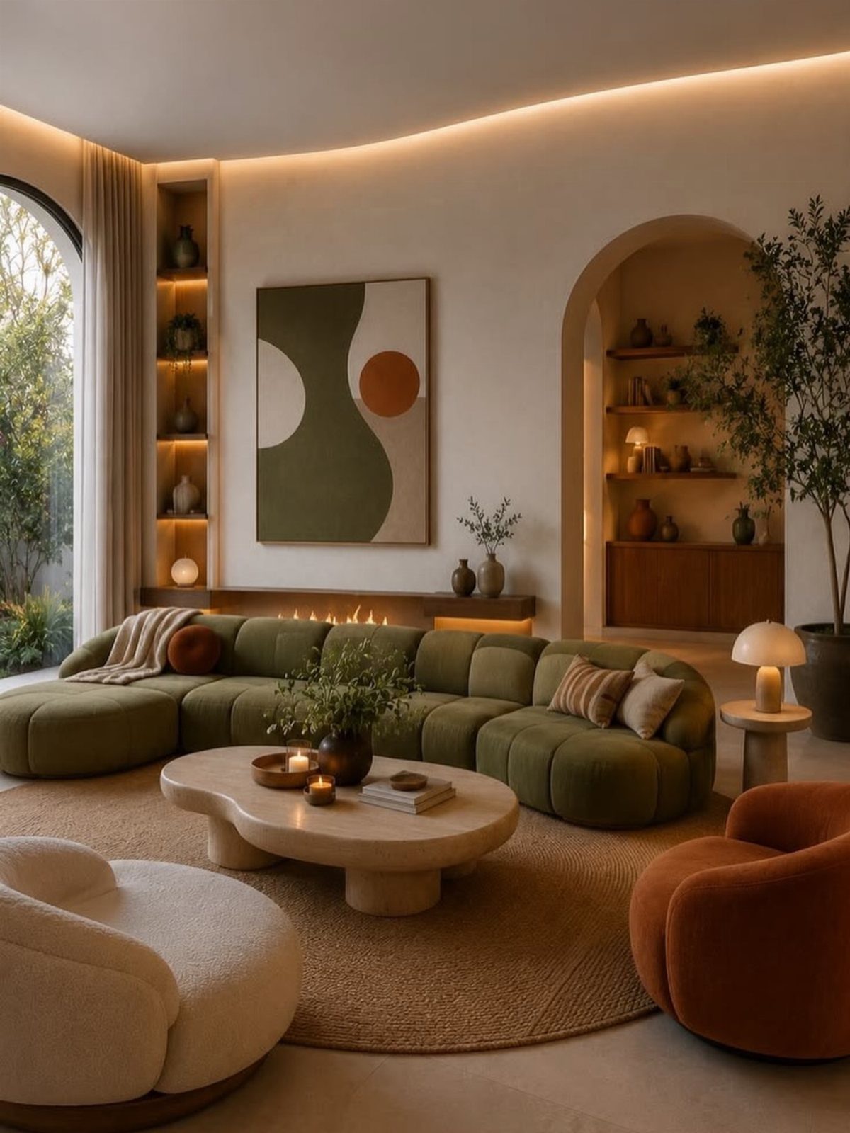 Curved olive green modular sofa with a light organic coffee table and brown rug.