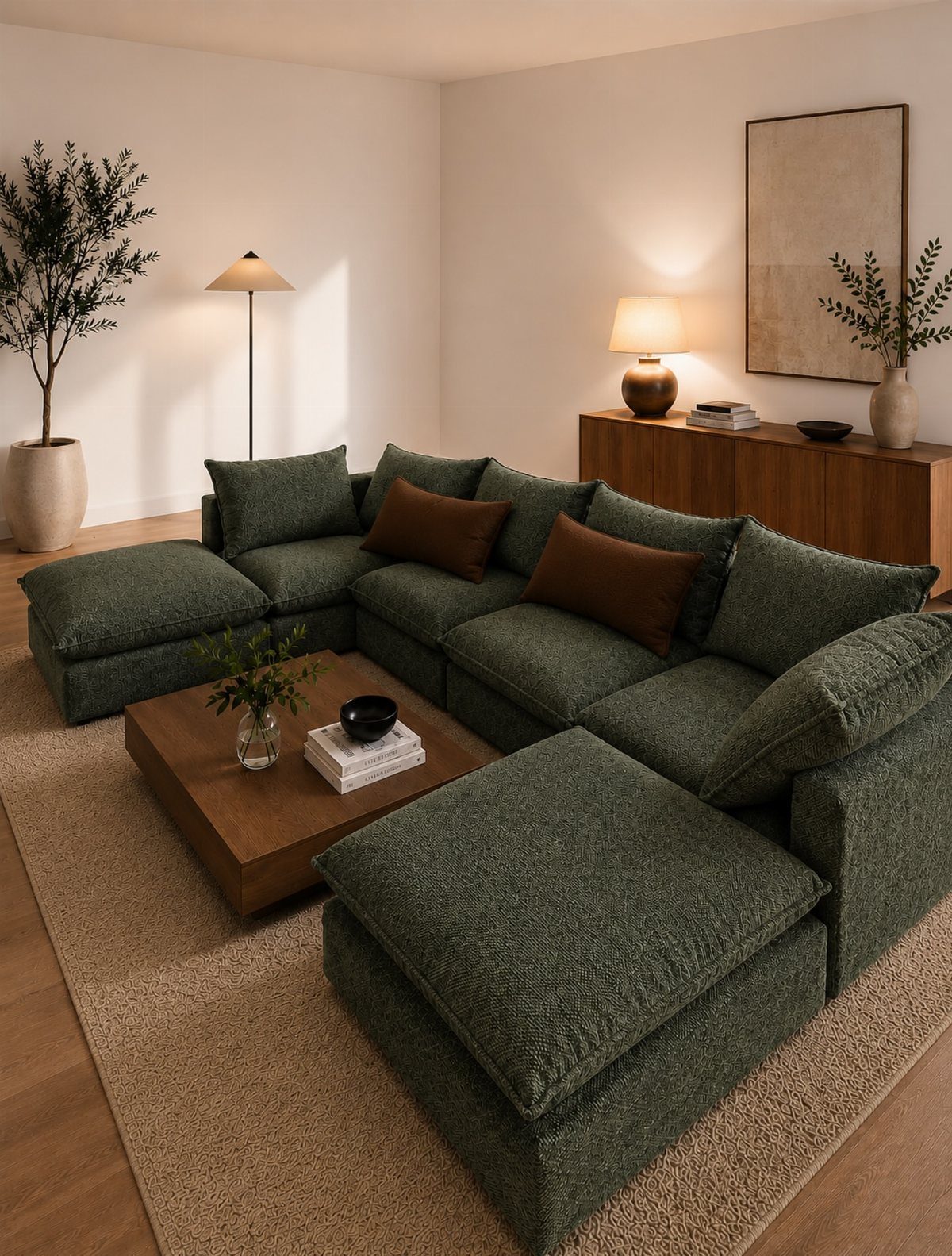 Dark green L-shaped sectional sofa with brown pillows and a walnut coffee table.