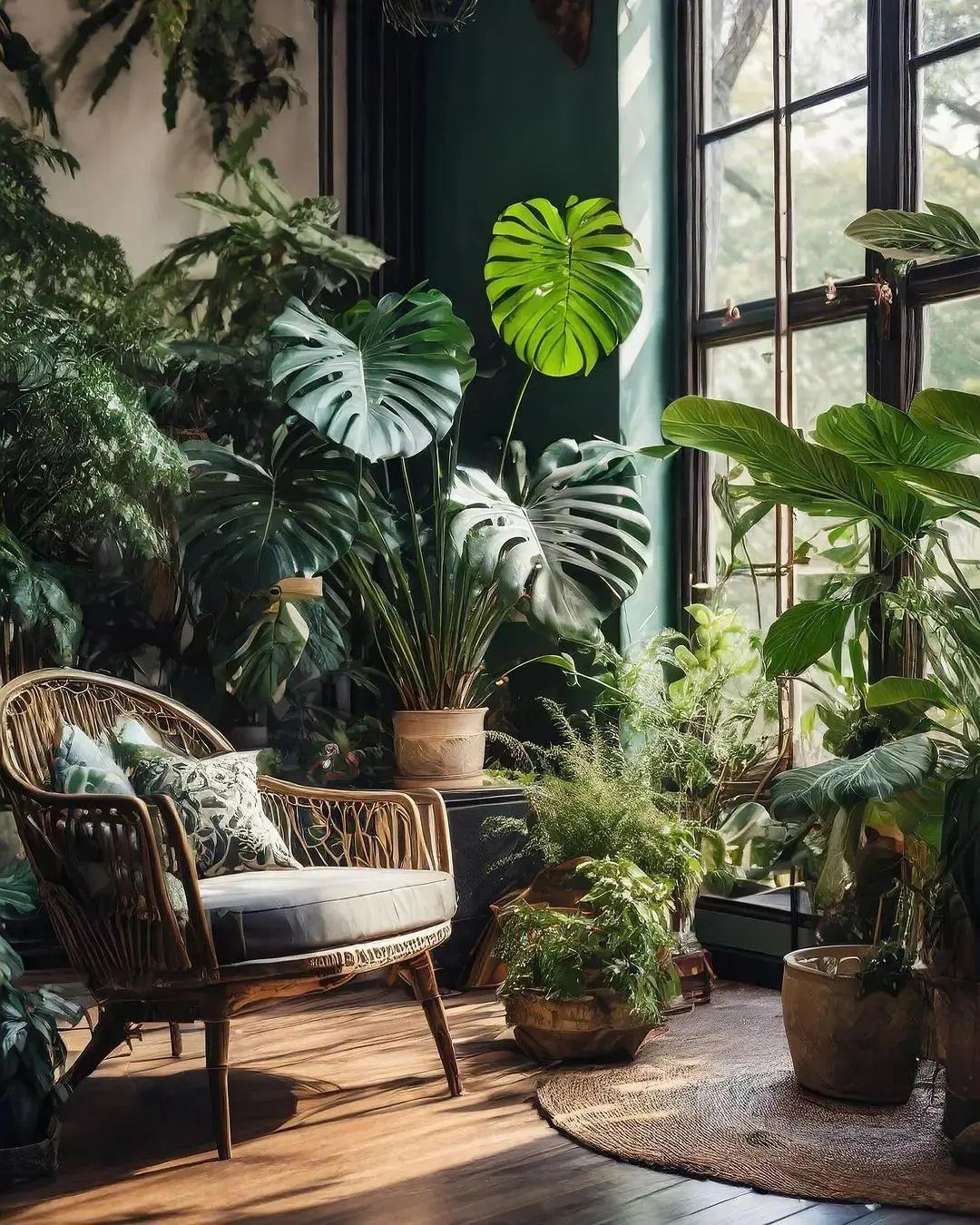 Lush indoor plant corner with a brown rattan armchair and large Monstera leaves.