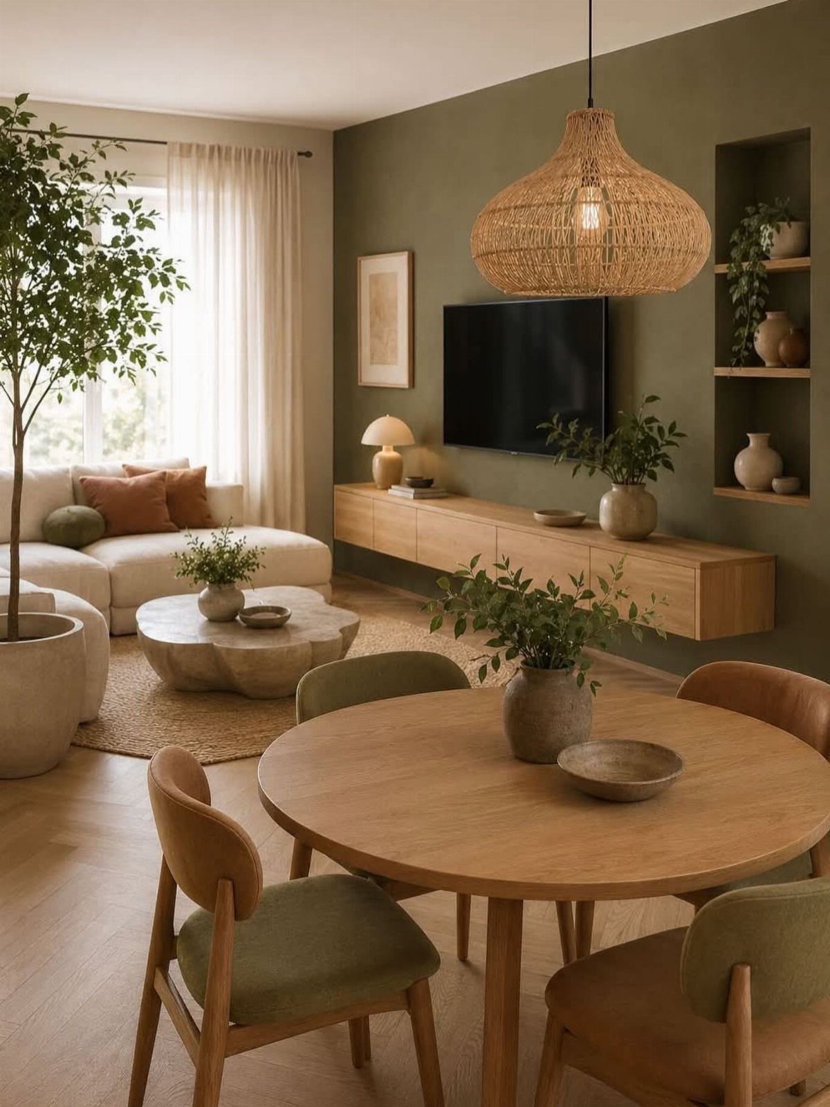 Olive green accent wall in a modern living room with wooden furniture and plants.