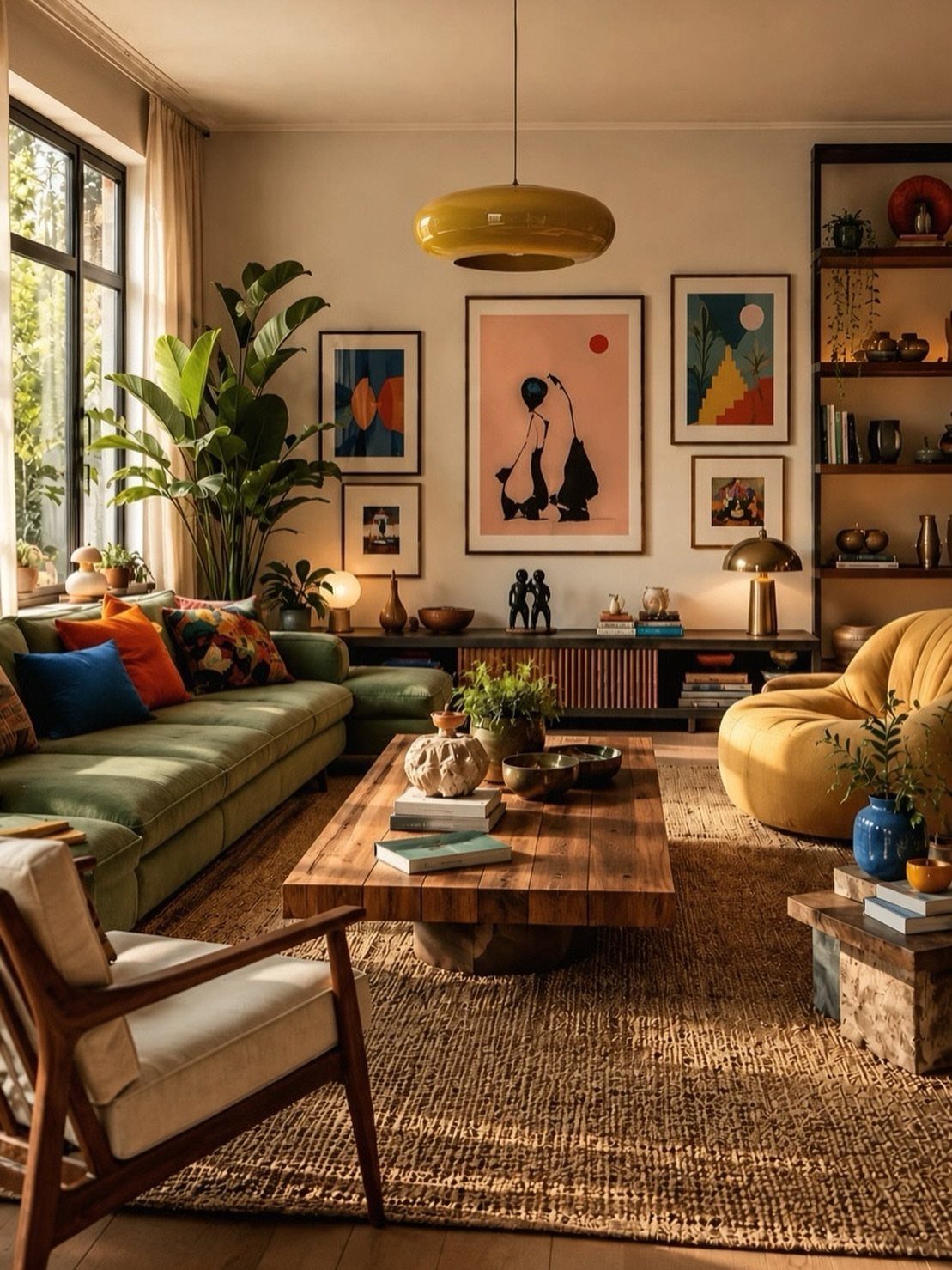 Rustic wooden coffee table and green modern sofa in a warm earth-toned living room