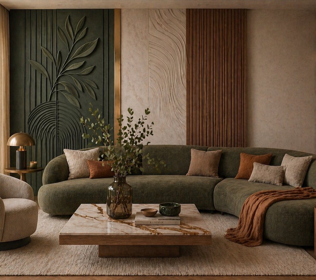 Olive green sectional sofa with brown accents against a textured green and wood wall.