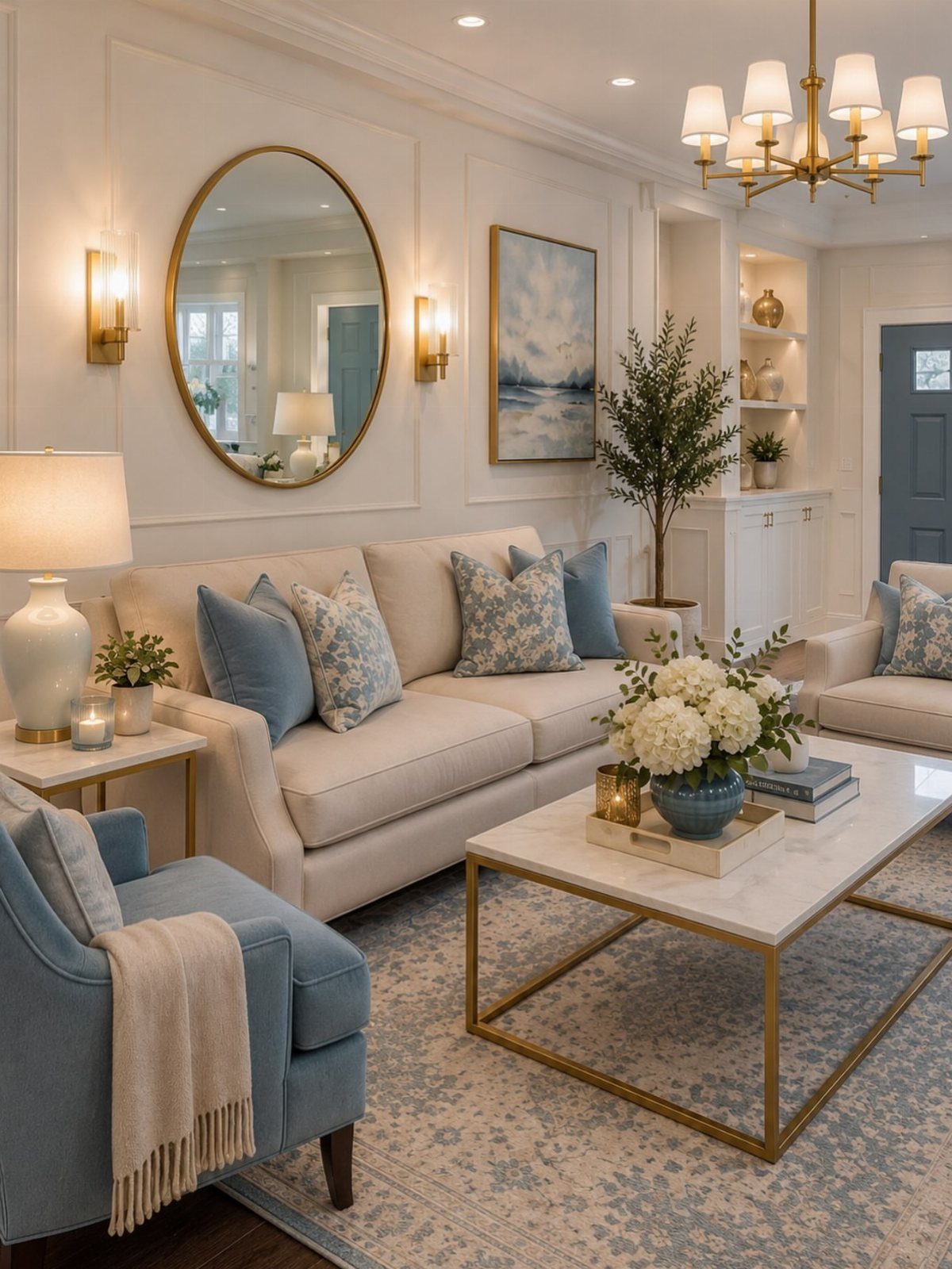 Light blue and ivory patterned rug in a bright coastal living room setting.
