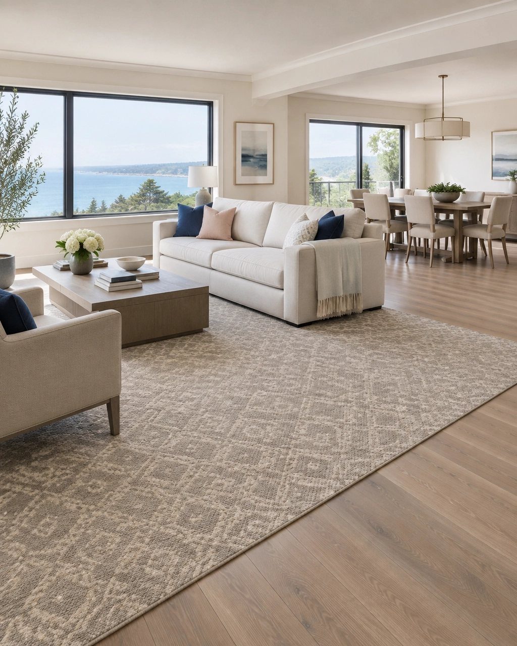 Low-pile beige patterned rug in a bright coastal living room with ocean views