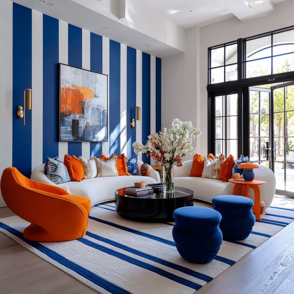 Blue and white striped rug in a modern living room with orange furniture.