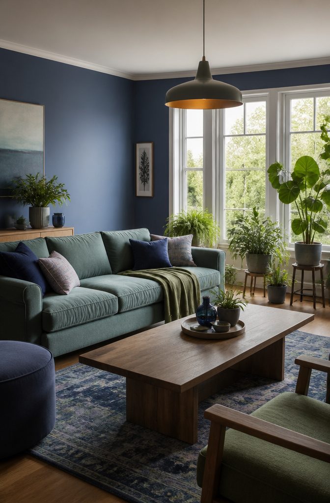 8 Color Palette Ideas for Your Living Room 2 A blue living room with blue-green sofa and pillows.
