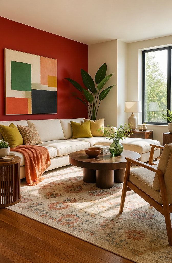 8 Color Palette Ideas for Your Living Room 7 A living room with bright red, yellow, and teal accents.