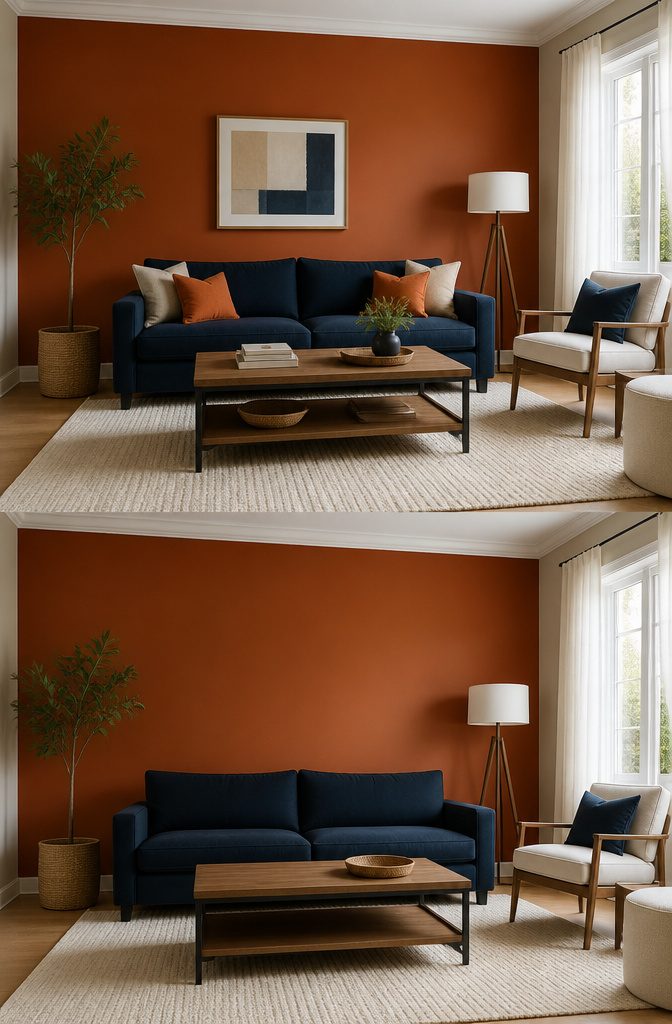 8 Color Palette Ideas for Your Living Room 3 A living room featuring a navy sofa and orange wall.