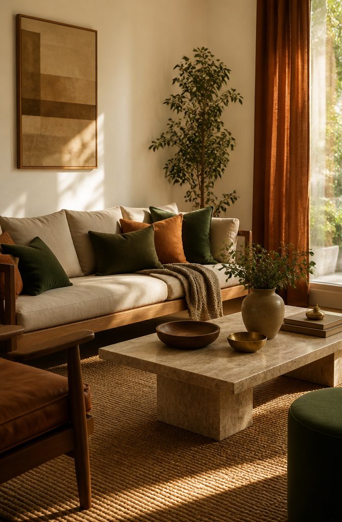 8 Color Palette Ideas for Your Living Room 8 A living room featuring earthy colors and natural materials.
