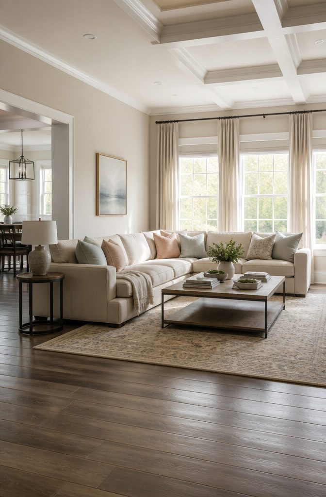 8 Color Palette Ideas for Your Living Room 6 A living room with neutral walls and cozy furnishings.