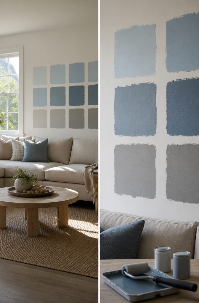 8 Color Palette Ideas for Your Living Room 11 Sample paint squares on a living room wall.