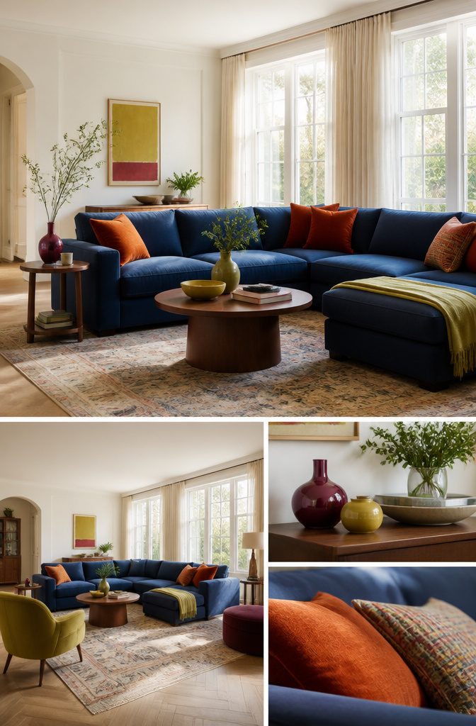 8 Color Palette Ideas for Your Living Room 5 A living room with blue, orange, yellow-green, and red-violet accents.