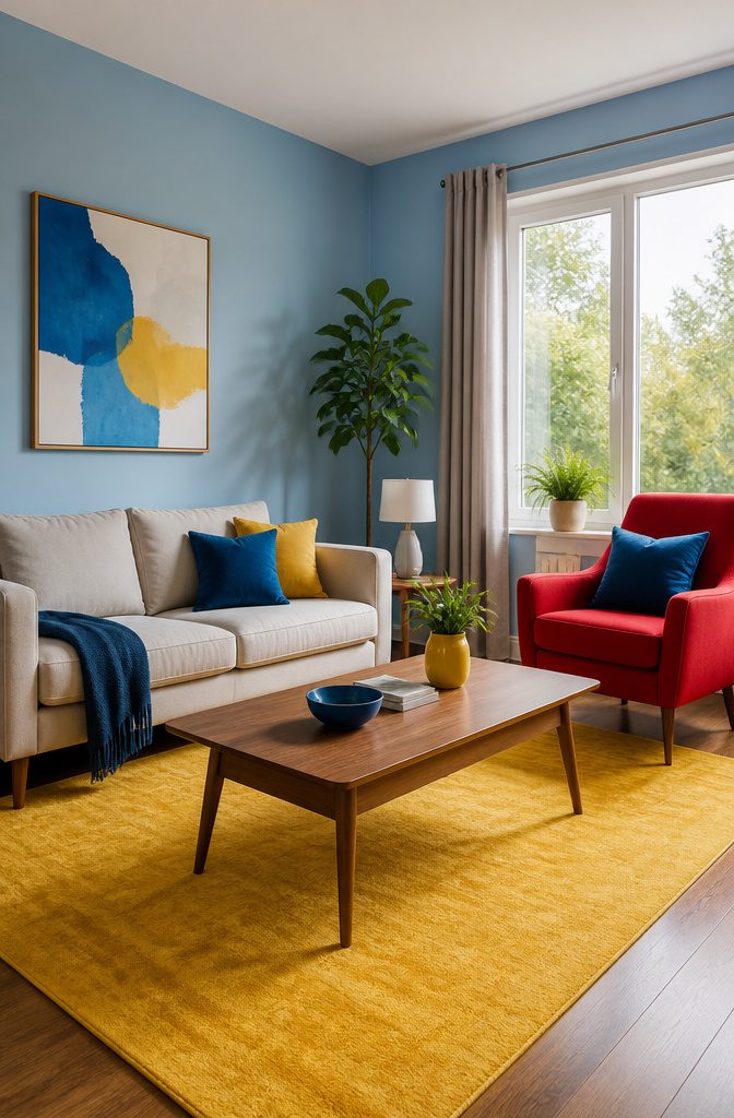 8 Color Palette Ideas for Your Living Room 4 A living room with red, yellow, and blue decor elements.