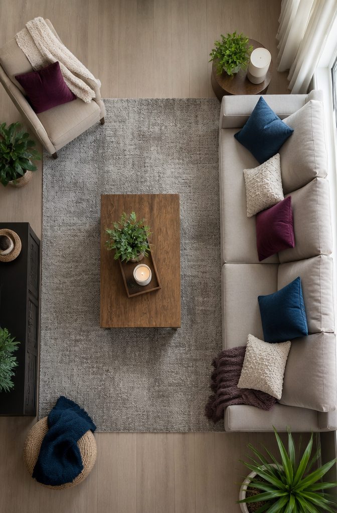 8 Color Palette Ideas for Your Living Room 12 A living room with neutral walls and colorful accents.