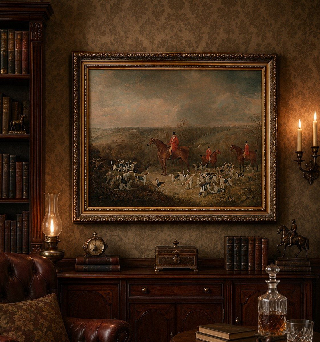 Ornate gold-framed painting of a fox hunt on a dark academia living room wall