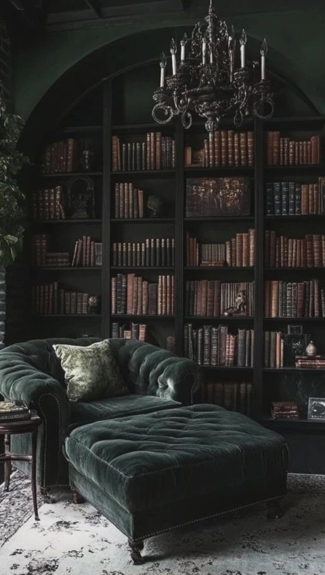 Dark green velvet chaise lounge in front of a massive black library bookcase.
