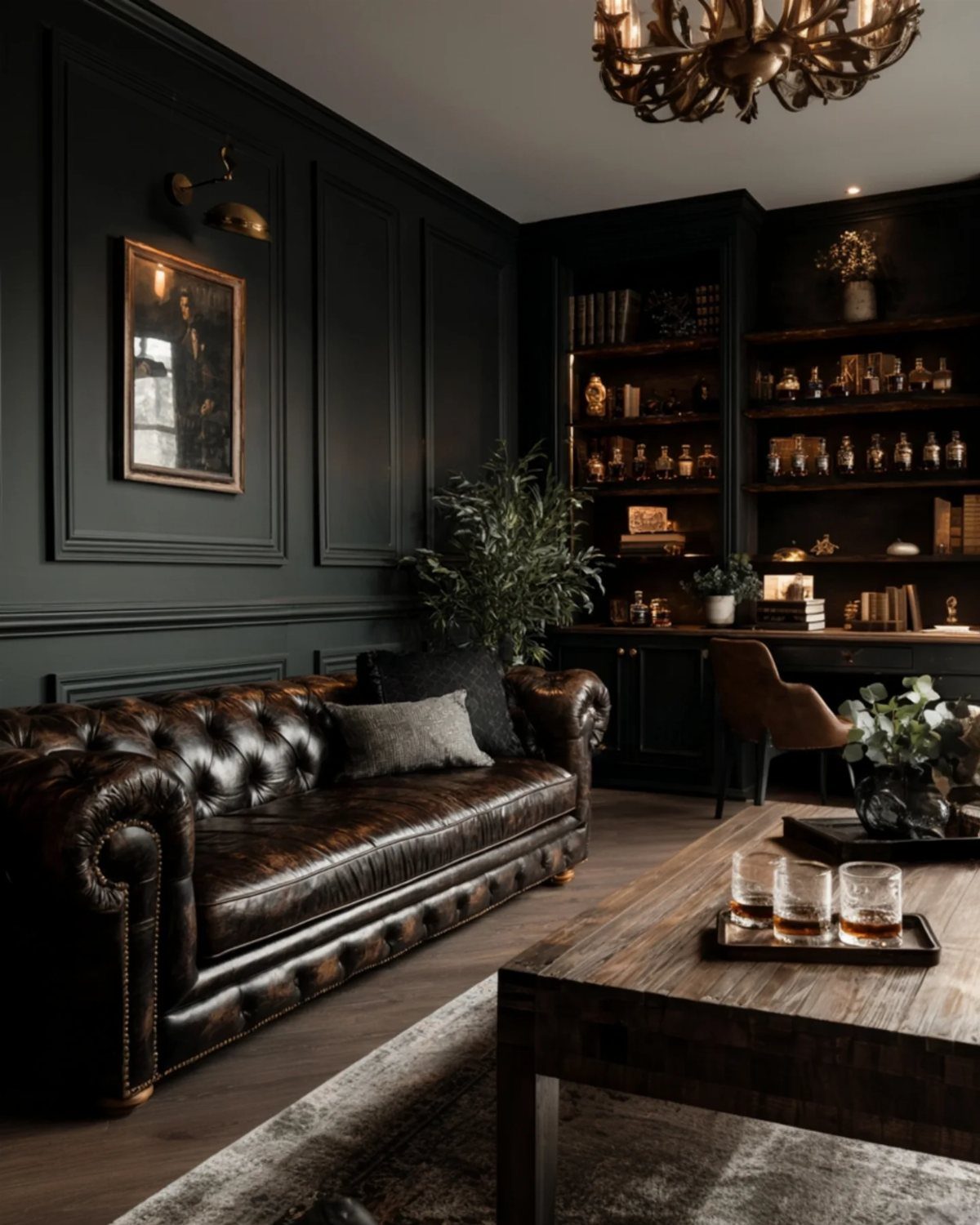 Dark academia living room with a leather sofa and richly stained wooden coffee table.