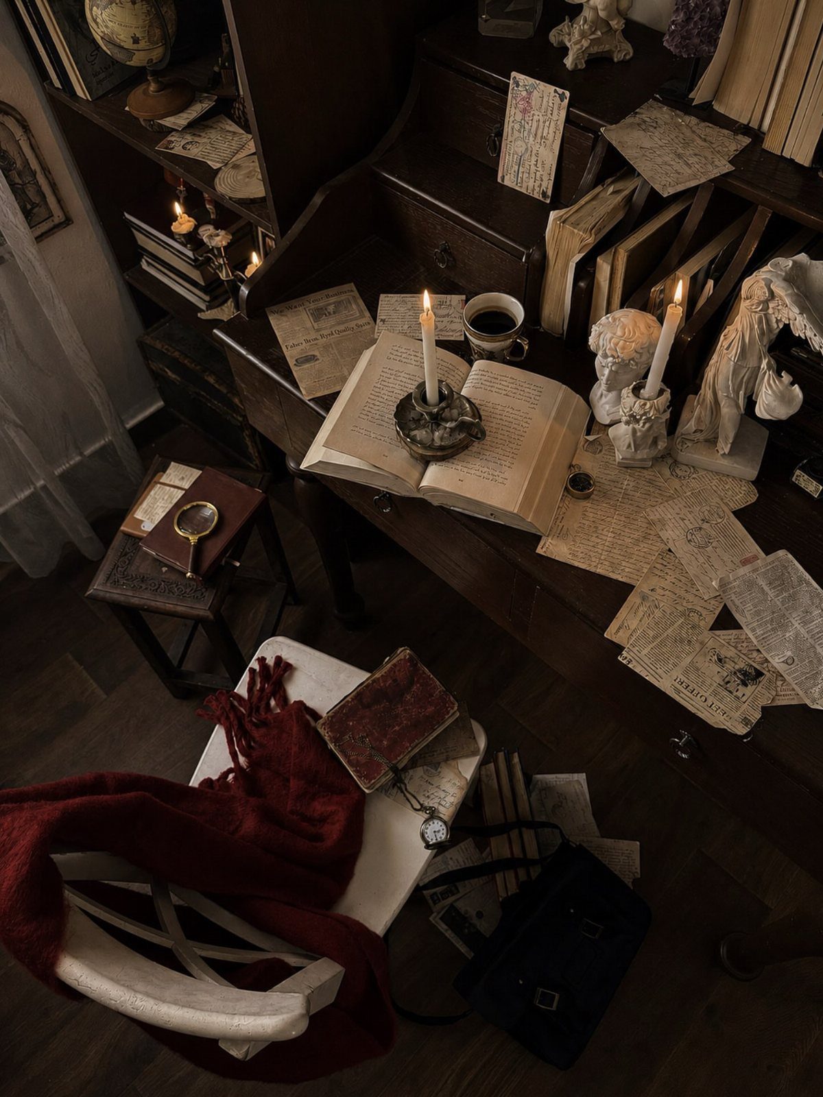 Vintage wooden writing desk with open books, lit candles, and antique papers.