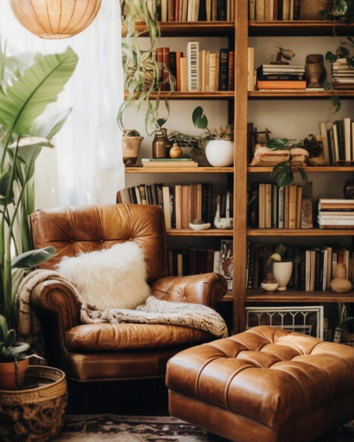 Brown vintage leather armchair and ottoman next to a tall wooden bookshelf with books.